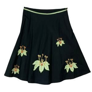 Nwot LAPIS Skirt M Black Green Multicolor Beaded-Floral-Patchwork Cotton Lined
